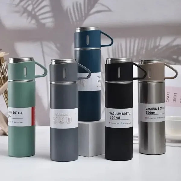 3-piece Travel Thermos Set, Stainless Steel Vacuum Flask Water Bottle (500ml) With 2 Extra Cups (160ml) – Thermal Bottle For Hot & Cold Drinks