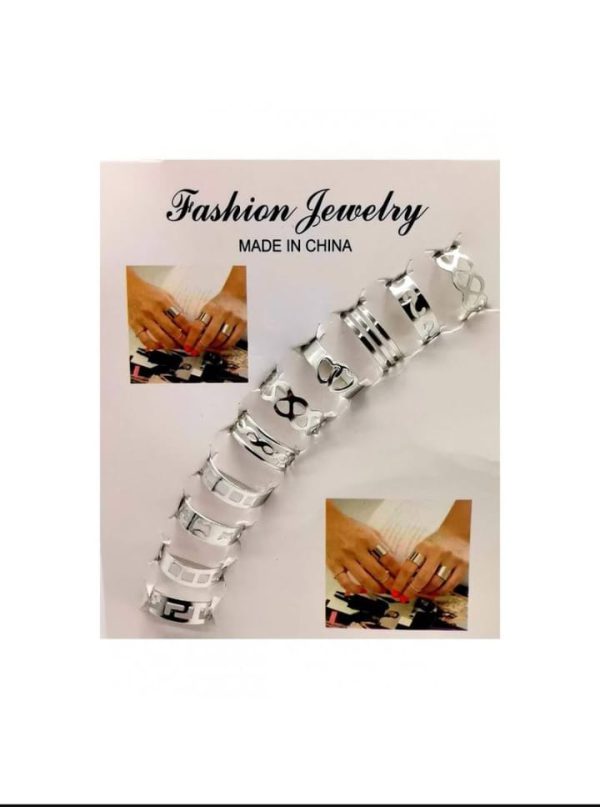 Set of 10 Stylish Adjustable Fashion Rings – Silver & Black Variants