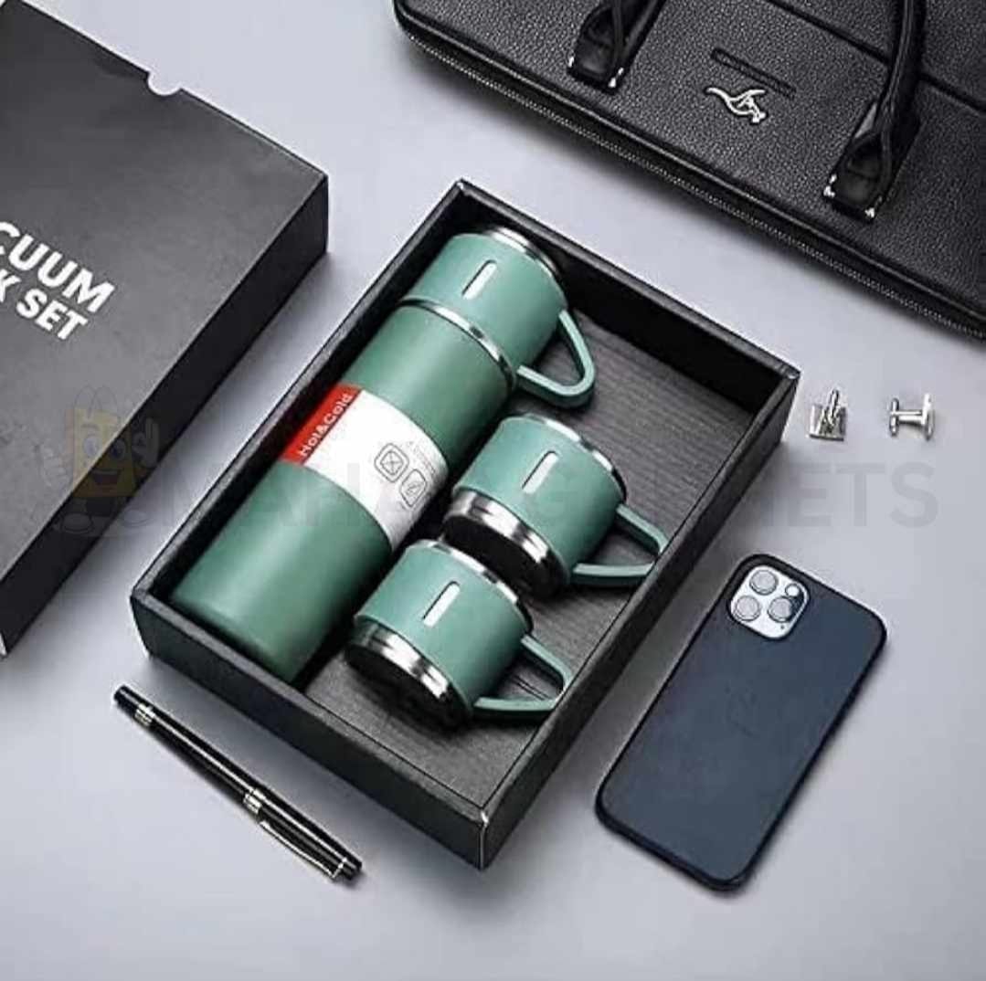 3-piece Travel Thermos Set, Stainless Steel Vacuum Flask Water Bottle (500ml) With 2 Extra Cups (160ml) – Thermal Bottle For Hot & Cold Drinks
