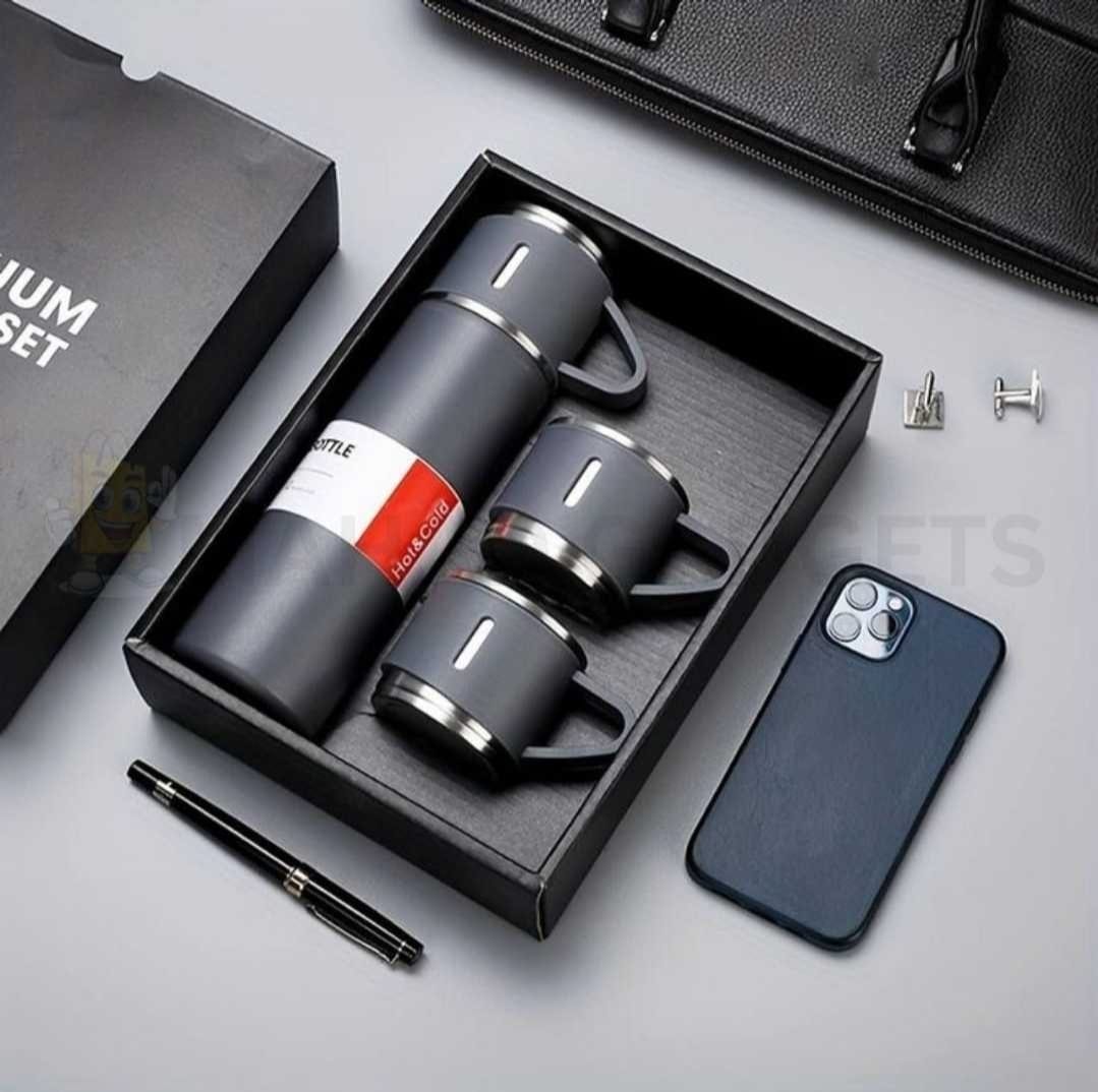 3-piece Travel Thermos Set, Stainless Steel Vacuum Flask Water Bottle (500ml) With 2 Extra Cups (160ml) – Thermal Bottle For Hot & Cold Drinks