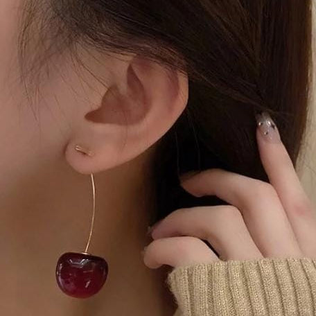 Cherry Drop Earrings For Women 🍒 | Trendy Korean Long Stem Red Cherry Earrings | For Casual & Party Outfits